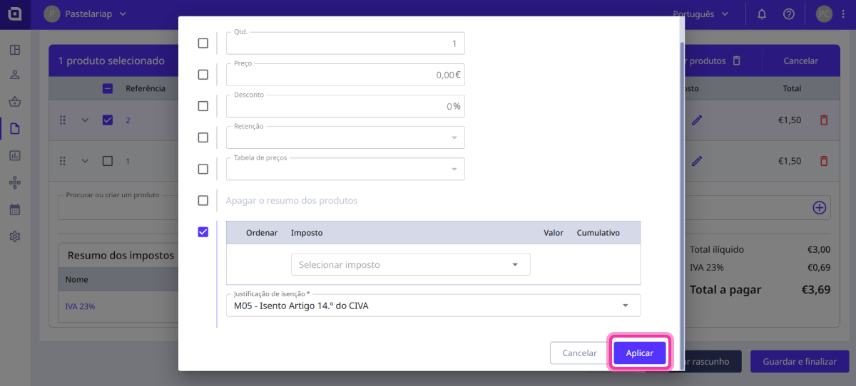 aplicar isenção produtos 9