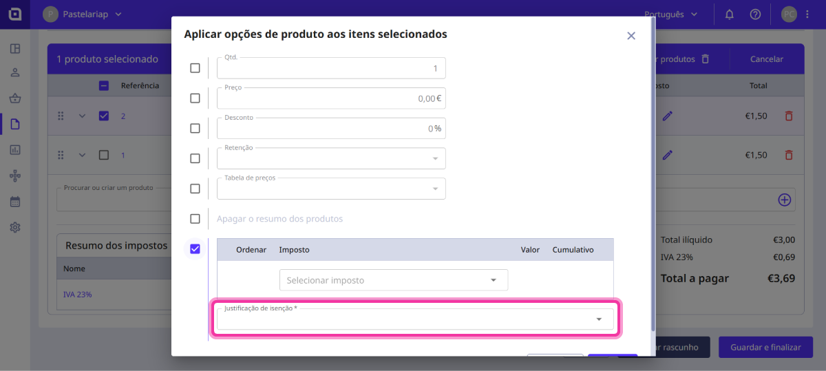 aplicar isenção produtos 8