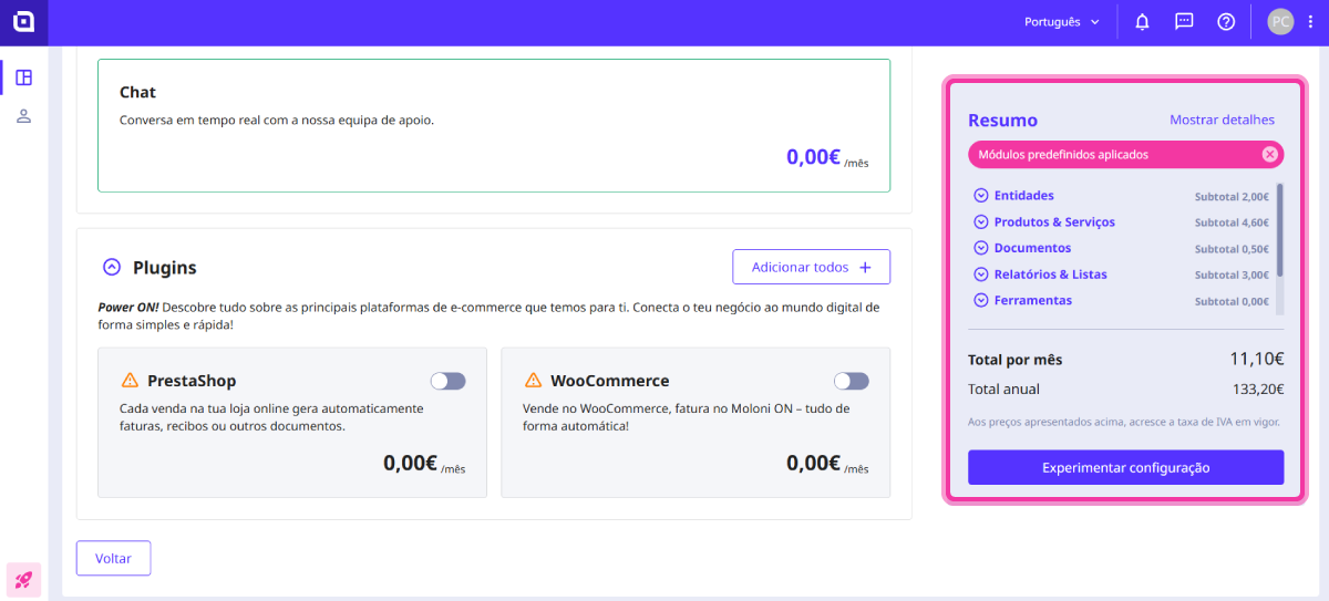 Como usar o configurador do Moloni ON 13