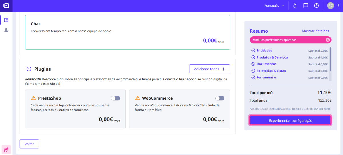 Como usar o configurador do Moloni ON 14