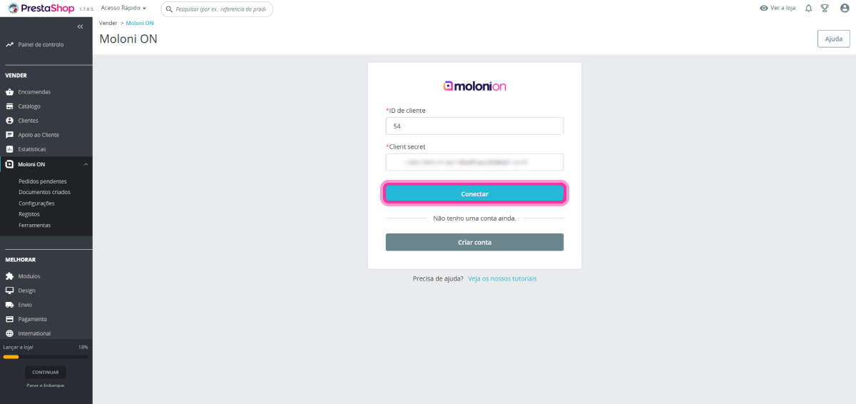 ligar a tua loja PrestaShop com o Moloni ON 11