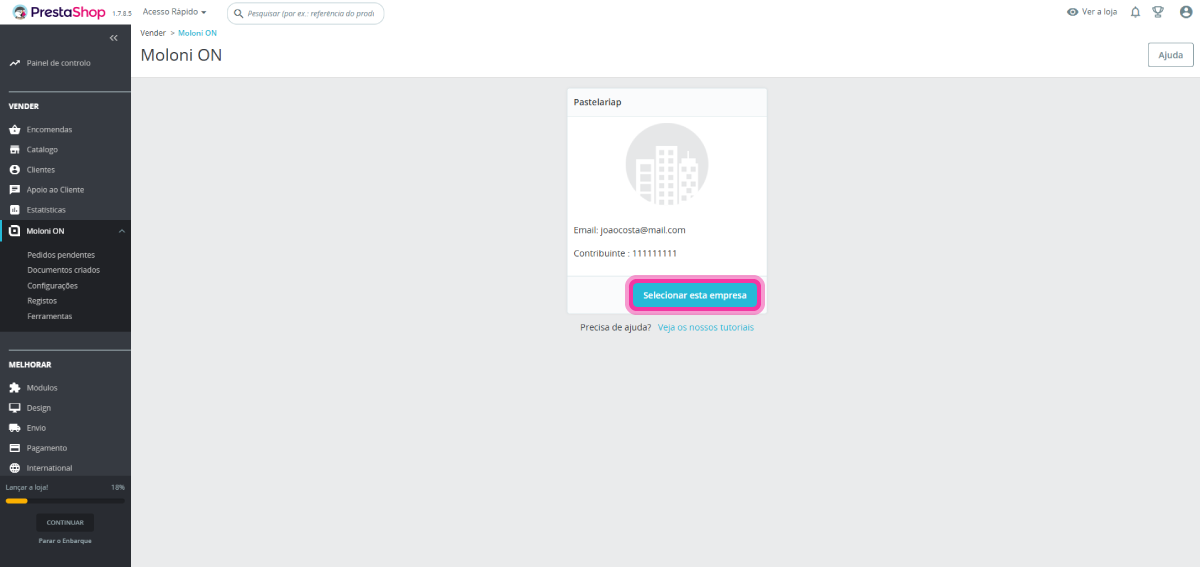 ligar a tua loja PrestaShop com o Moloni ON 14