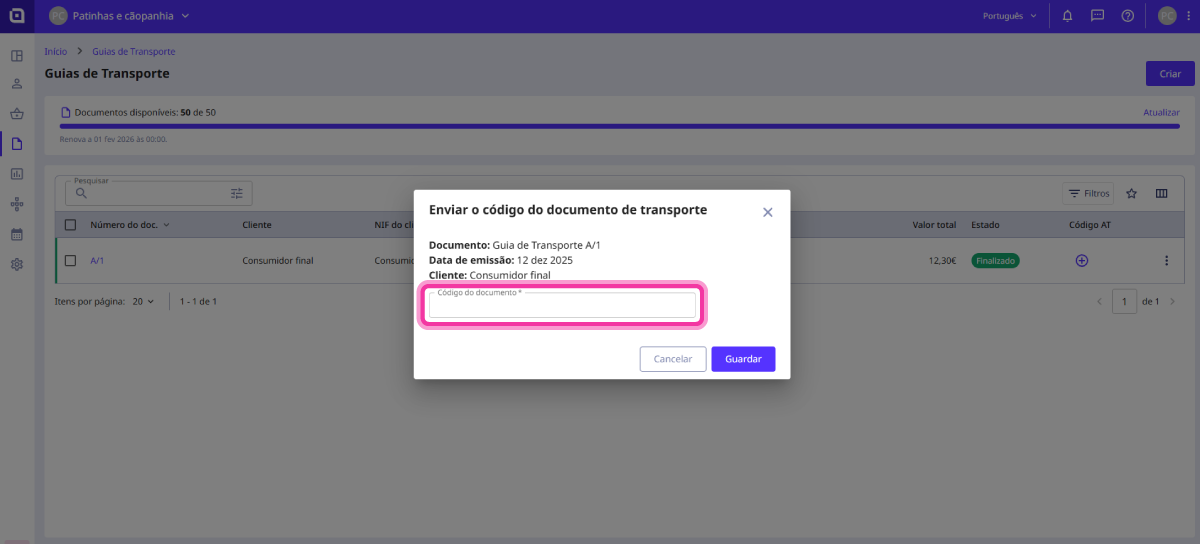 Como inserir o código de um documento de transporte 3