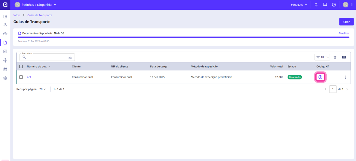 Como inserir o código de um documento de transporte 2