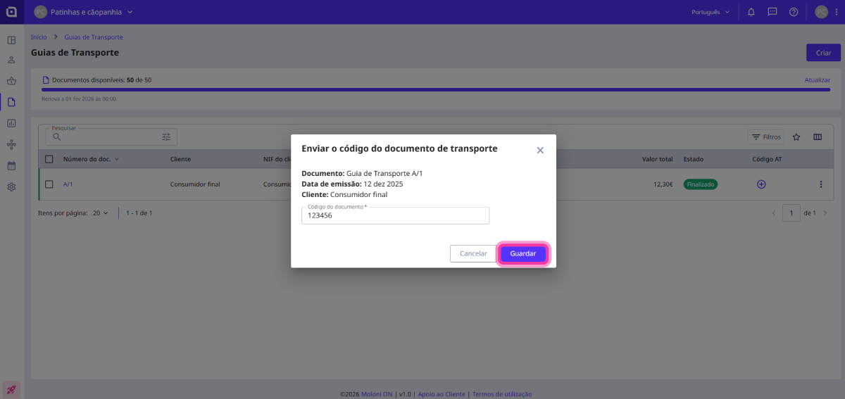Como inserir o código de um documento de transporte 4