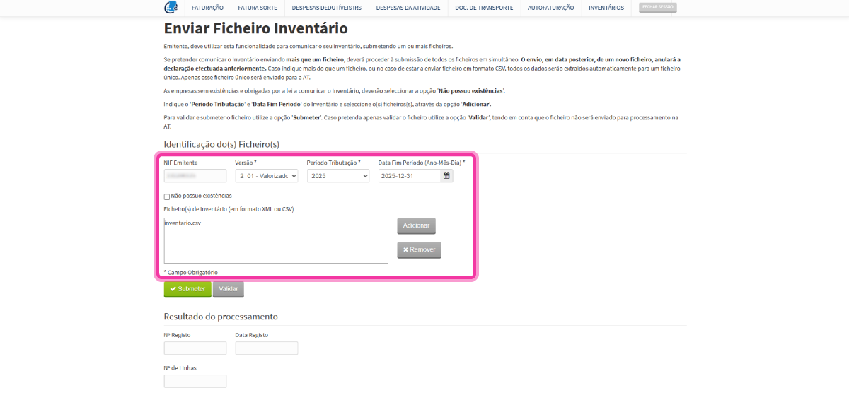 Como submeter um inventário no site da AT 4