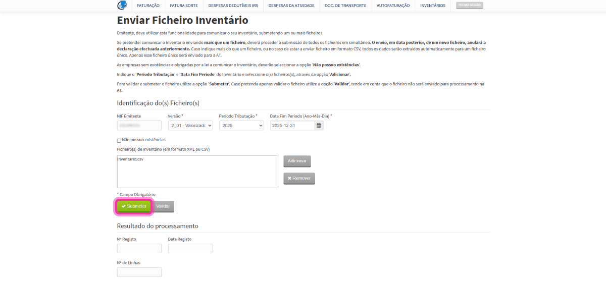 Como submeter um inventário no site da AT 5