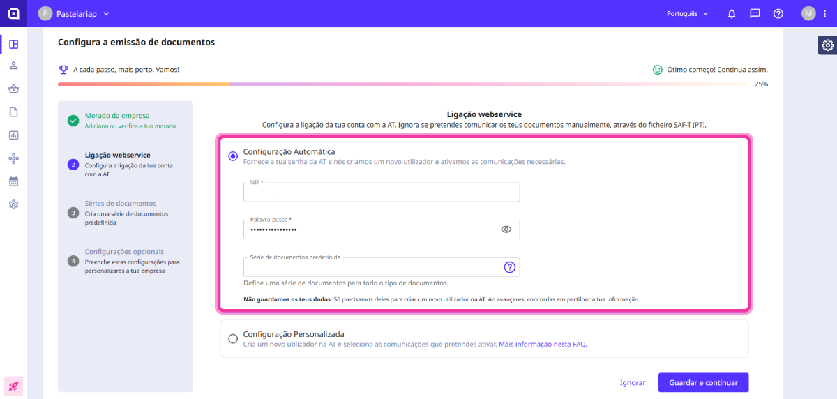 Configurações rápidas para a emissão de documentos 2