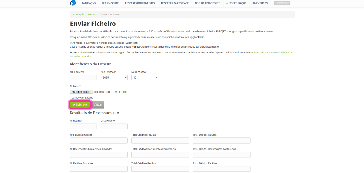 How to submit my SAF-T(PT) file on the AT website 5