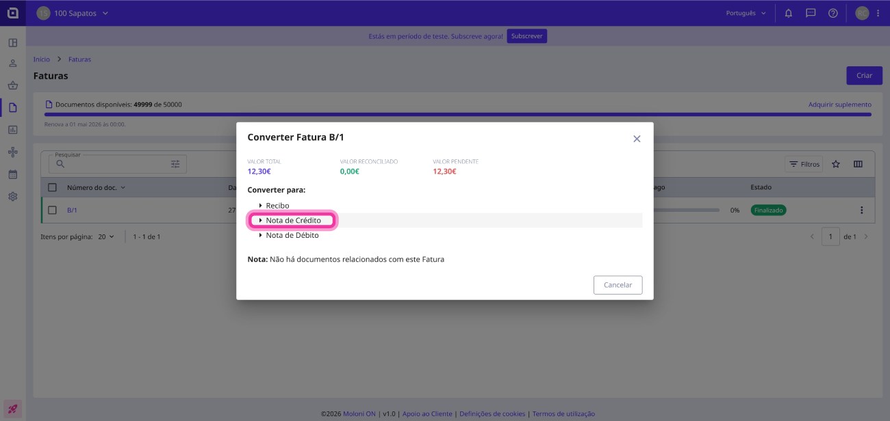 Como converter uma fatura numa nota de crédito parcial 4