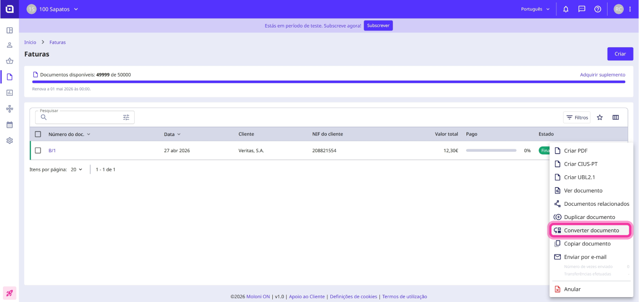 Como converter uma fatura numa nota de crédito parcial 3