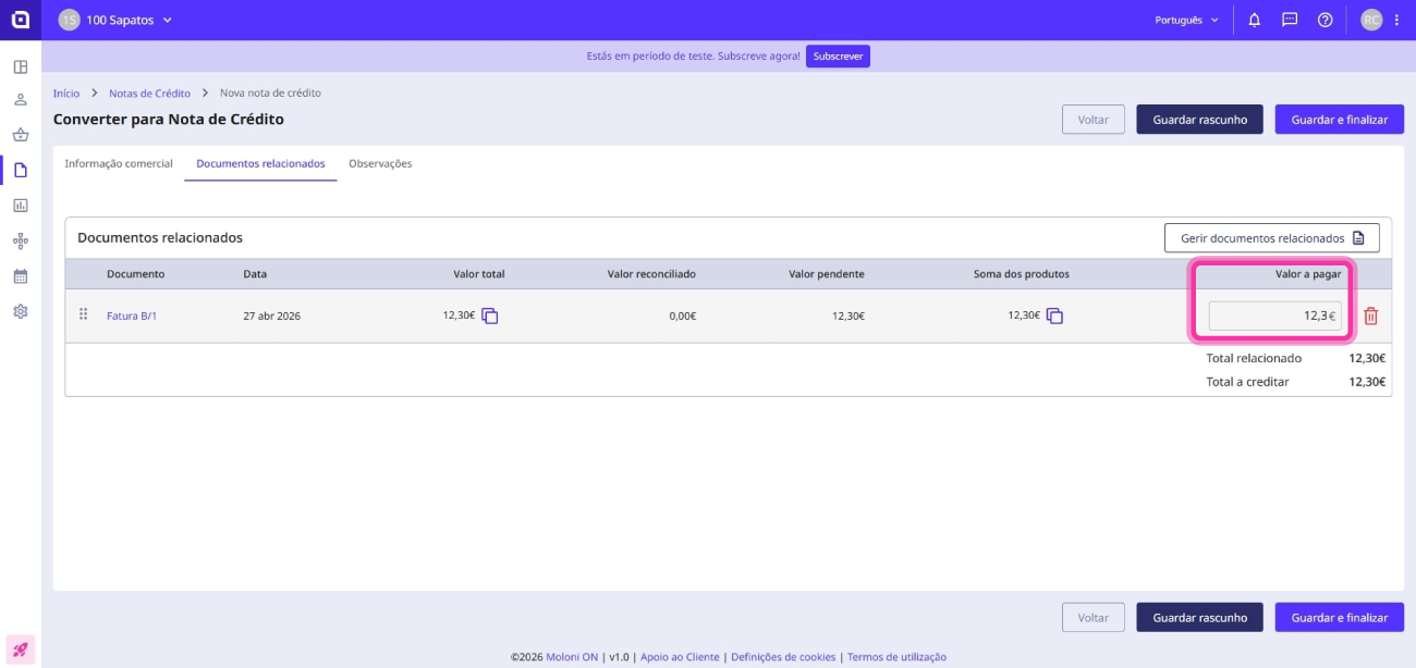 Como converter uma fatura numa nota de crédito parcial 6
