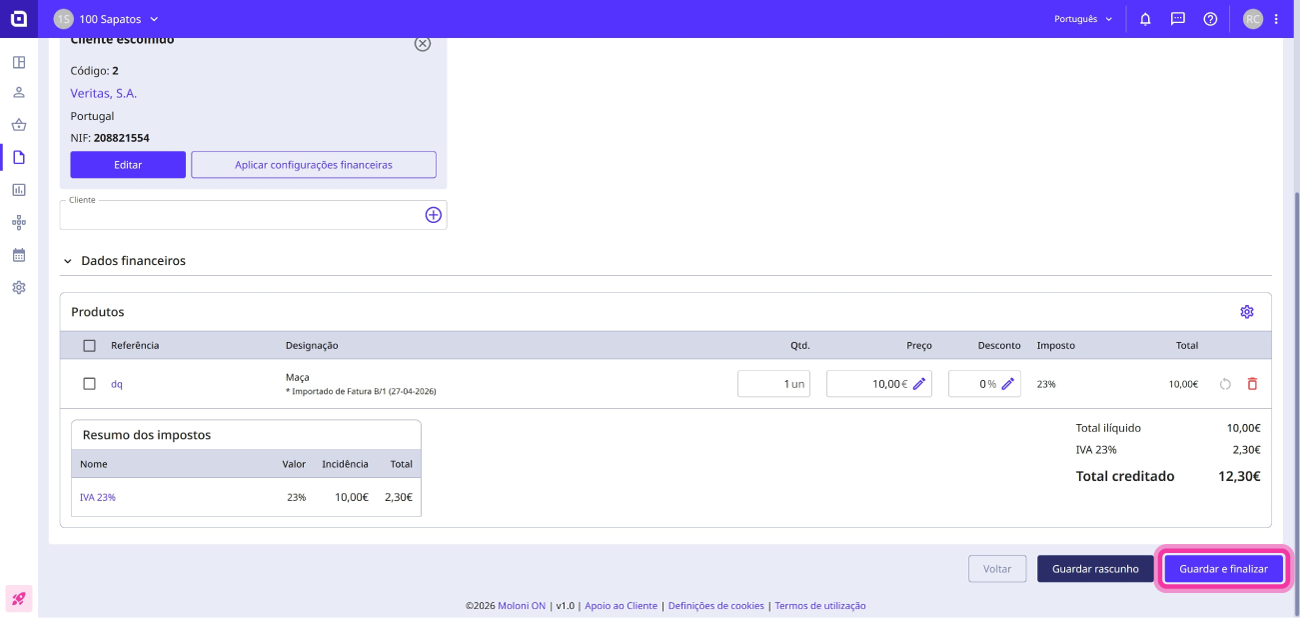 Como converter uma fatura numa nota de crédito parcial 7