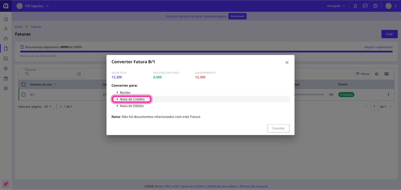 Como converter uma fatura numa nota de crédito 4