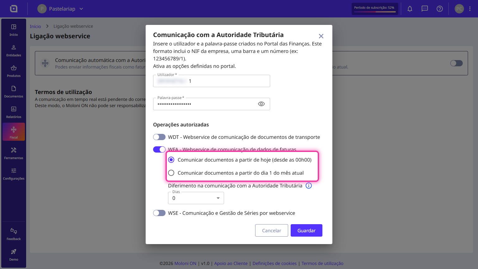 Configurar o envio em diferido dos documentos à AT 5