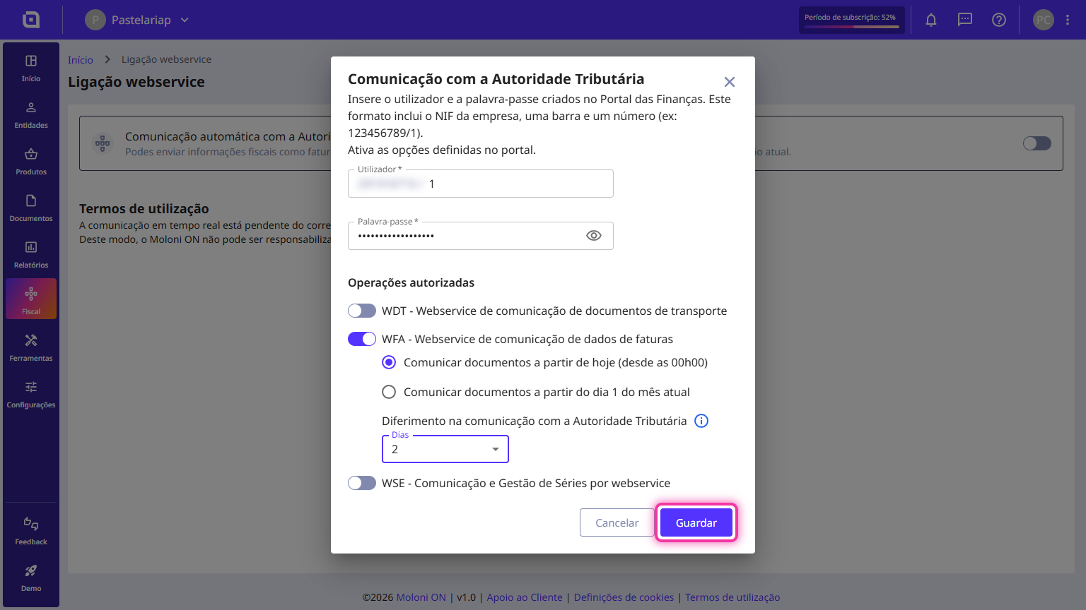 Configurar o envio em diferido dos documentos à AT 7