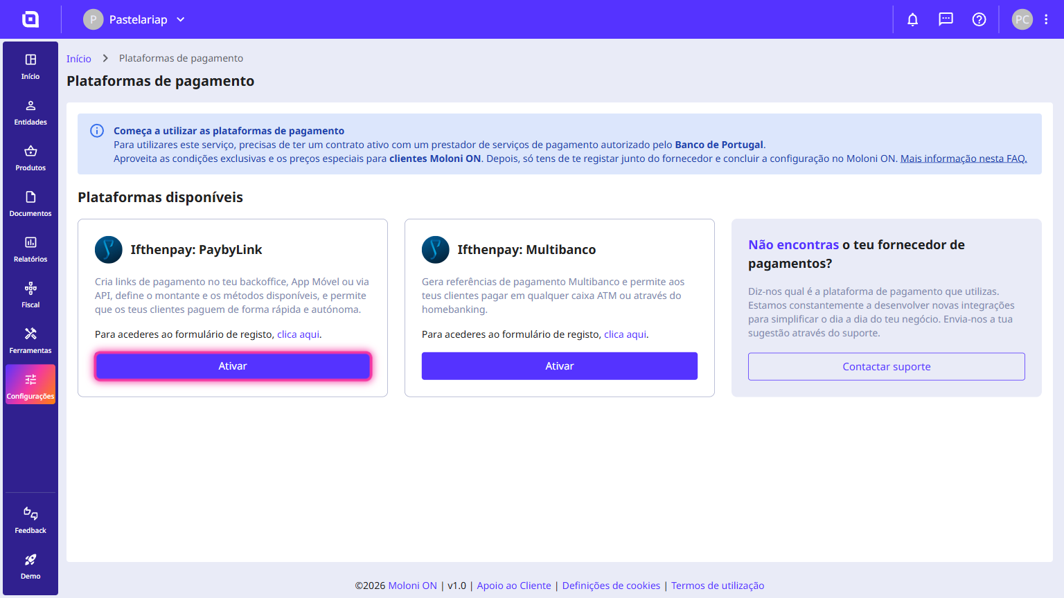 Página Plataformas de pagamento do Moloni ON com o botão Ativar destacado no método Ifthenpay: PaybyLink