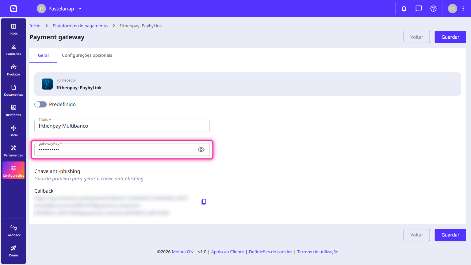 Formulário de configuração do gateway de pagamento com o campo gatewayKey destacado