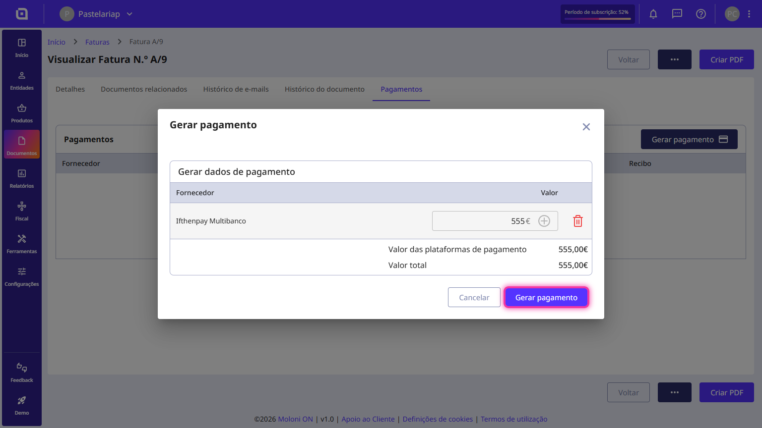 Modal Gerar pagamento com o valor em falta preenchido e o botão Gerar pagamento destacado