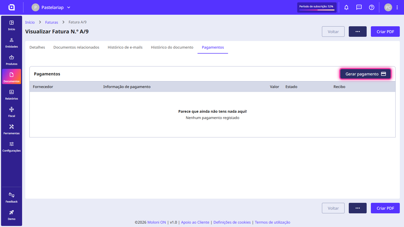 Separador Pagamentos de uma fatura com o botão + Gerar pagamento destacado no canto superior direito
