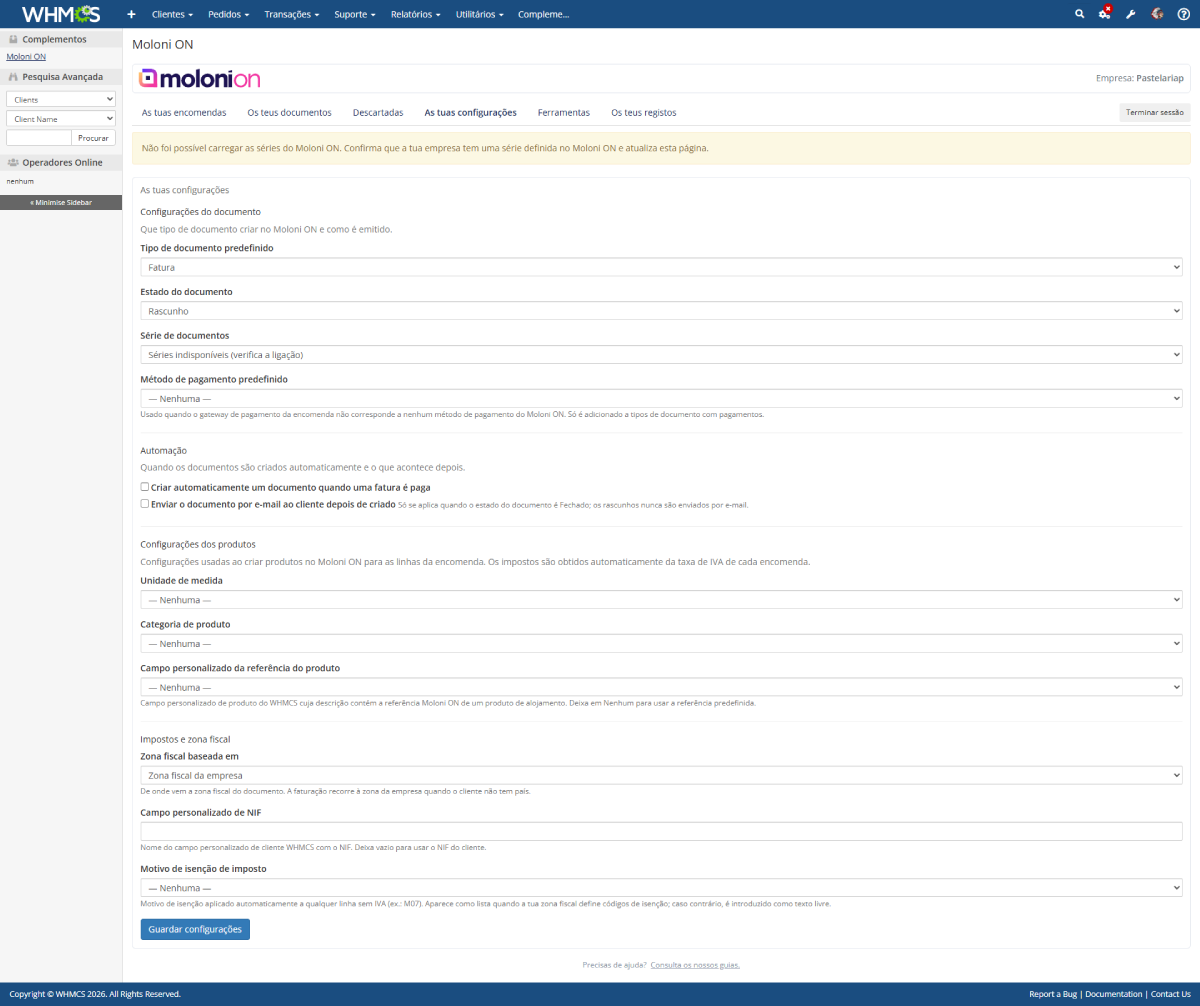 Separador As tuas configurações do módulo Moloni ON no WHMCS com todas as opções de faturação