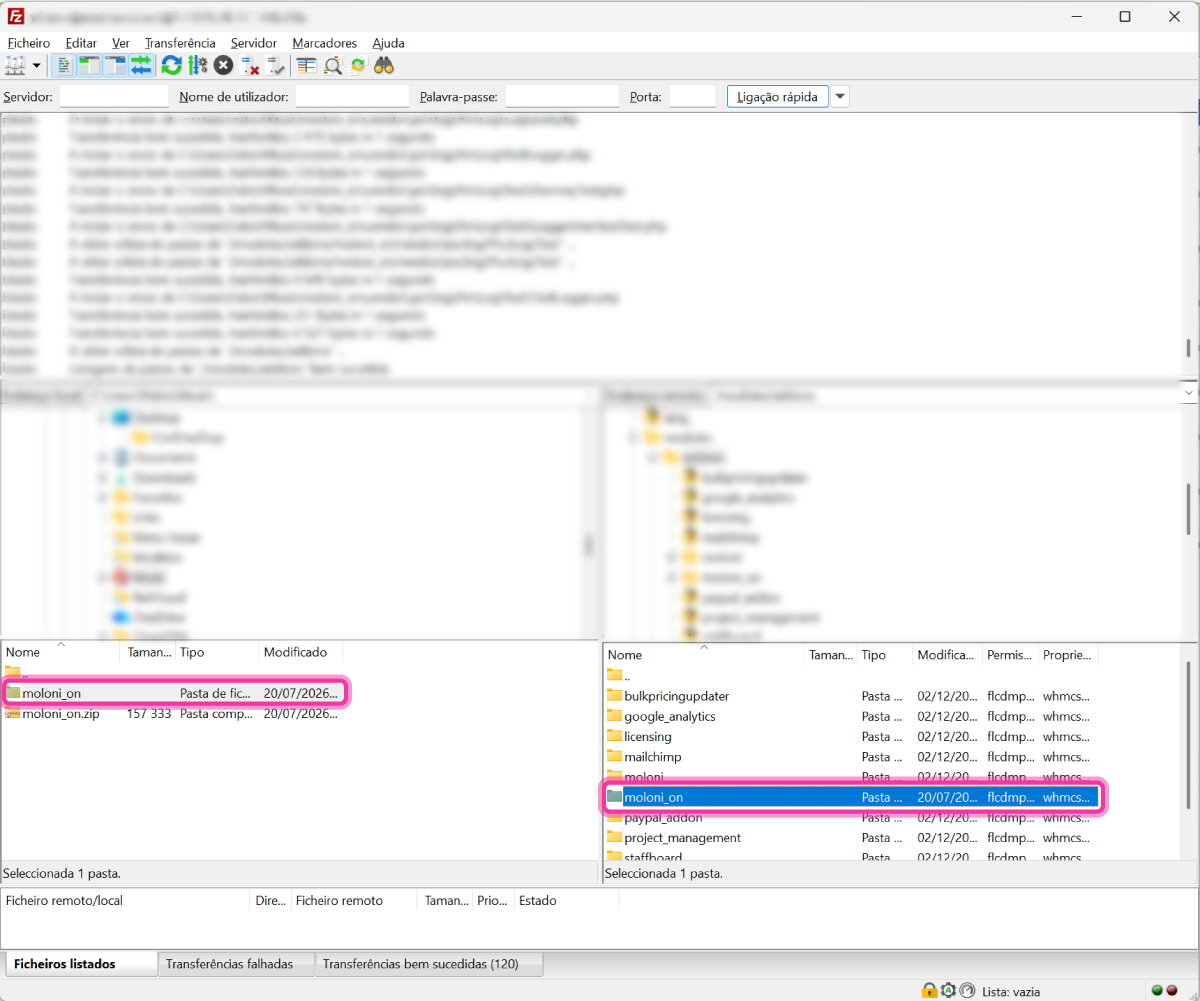 Cliente FileZilla com a pasta moloni_on movida para a pasta modules/addons do WHMCS