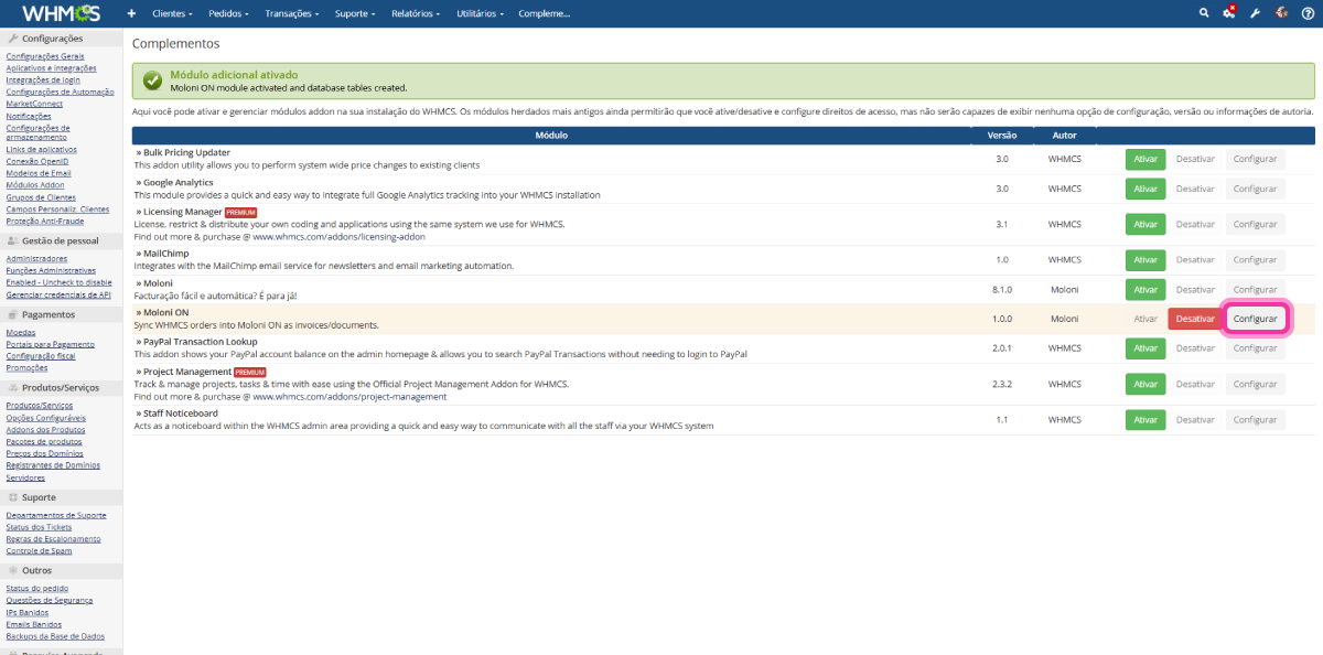 Módulo Moloni ON ativado no WHMCS com o botão Configurar destacado