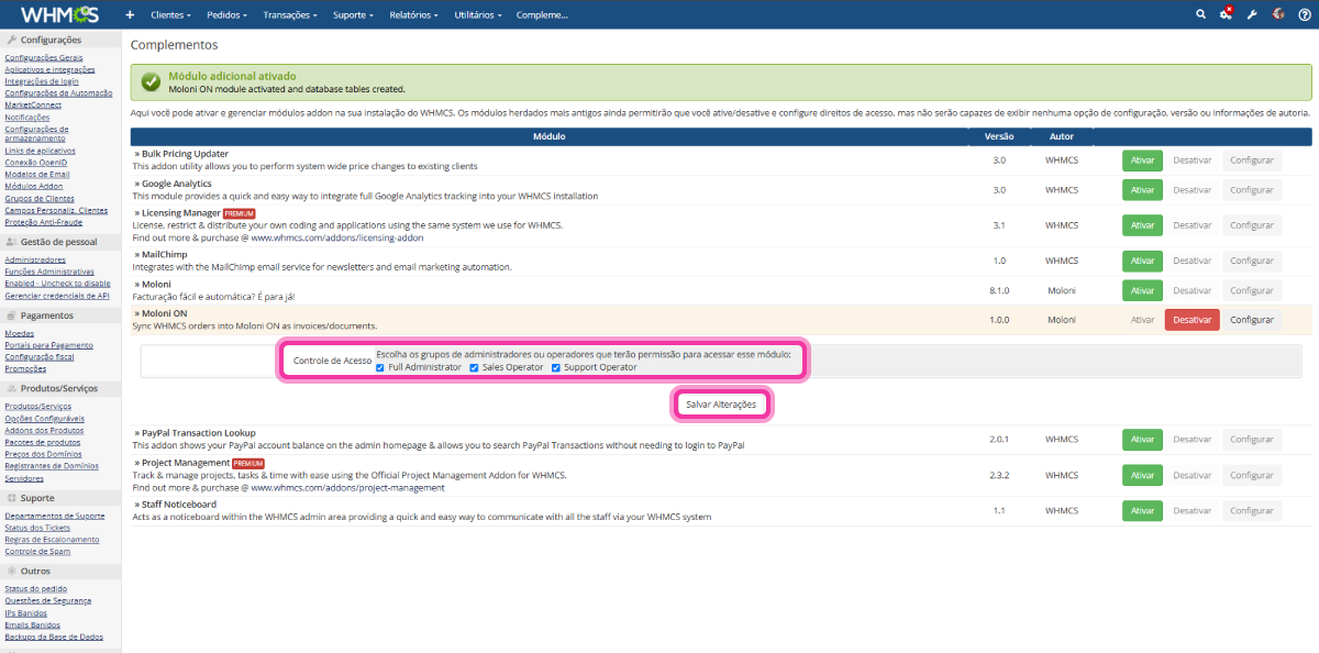 Controlo de acesso do módulo Moloni ON com o botão Salvar Alterações destacado