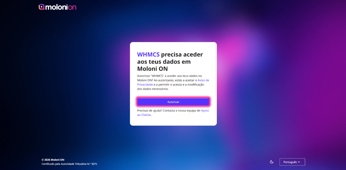 Ecrã de autorização de acesso do WHMCS ao Moloni ON com o botão Autorizar destacado