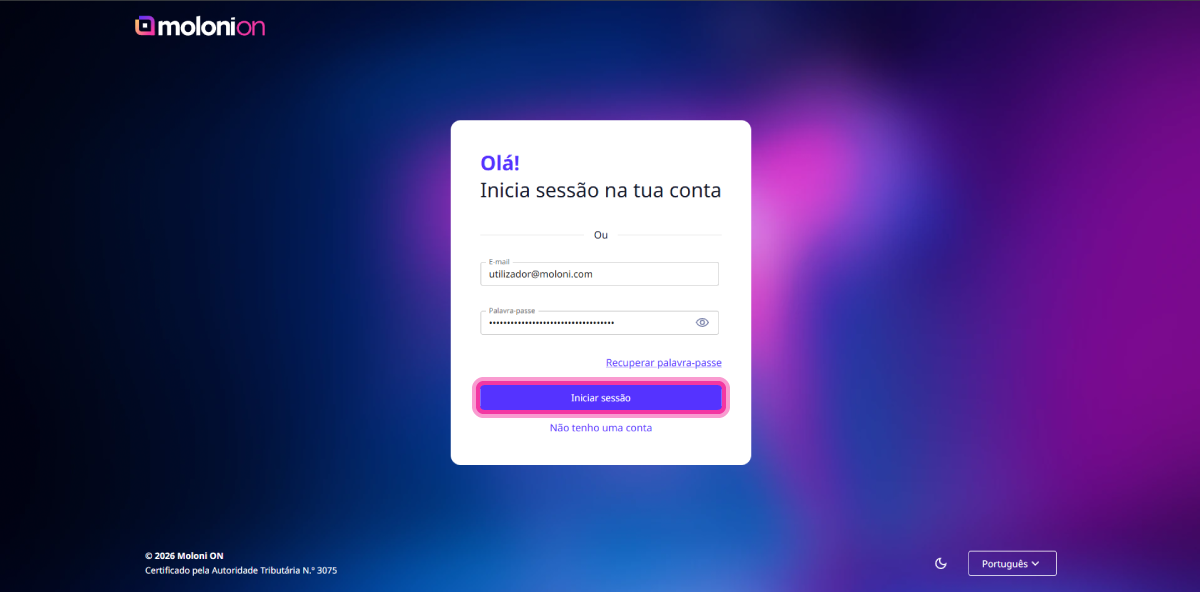 Página de login do Moloni ON com o botão Iniciar sessão destacado
