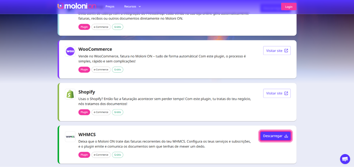 Página de plugins do Moloni ON com o botão Descarregar do WHMCS destacado