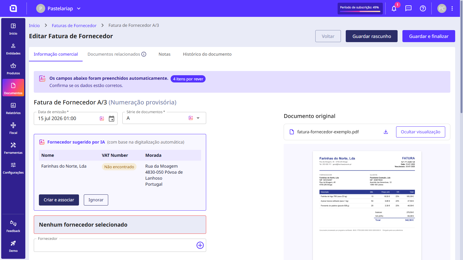 Dados sugeridos pela IA à esquerda e o documento original à direita