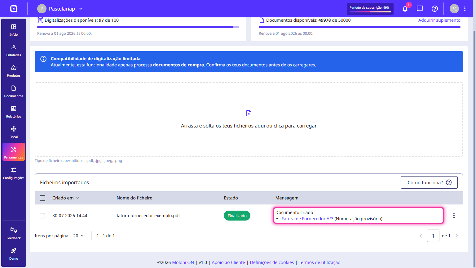 Linha do ficheiro com a mensagem Documento criado e o link do documento