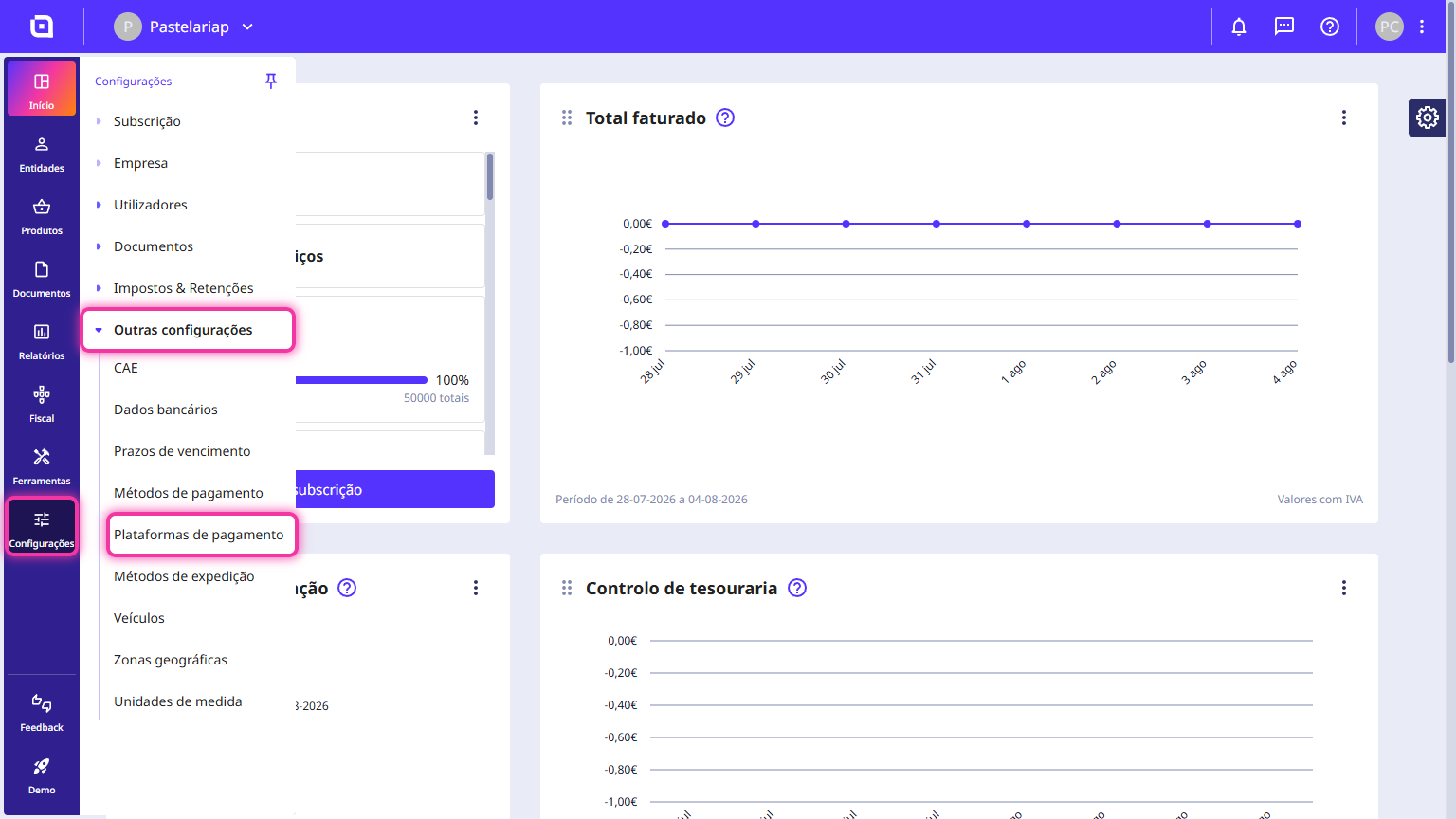 Menu do Moloni ON com Configurações, Outras configurações e Plataformas de pagamento destacados