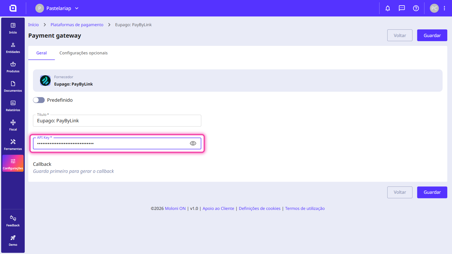 Formulário de configuração do gateway de pagamento com o campo API key destacado