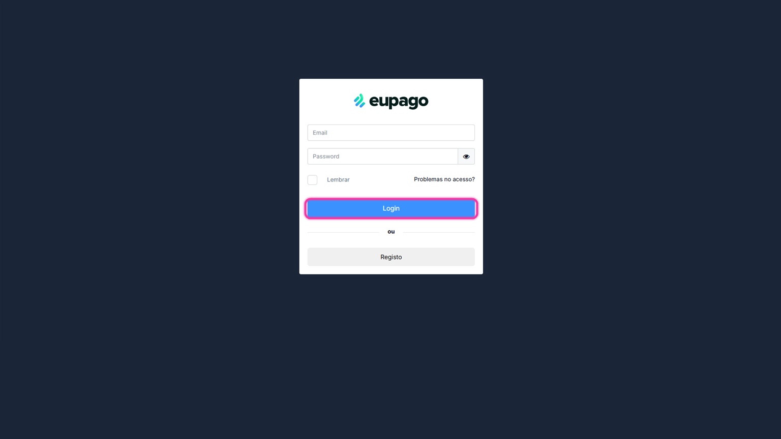Ecrã de login do back office da Eupago com o botão Login destacado