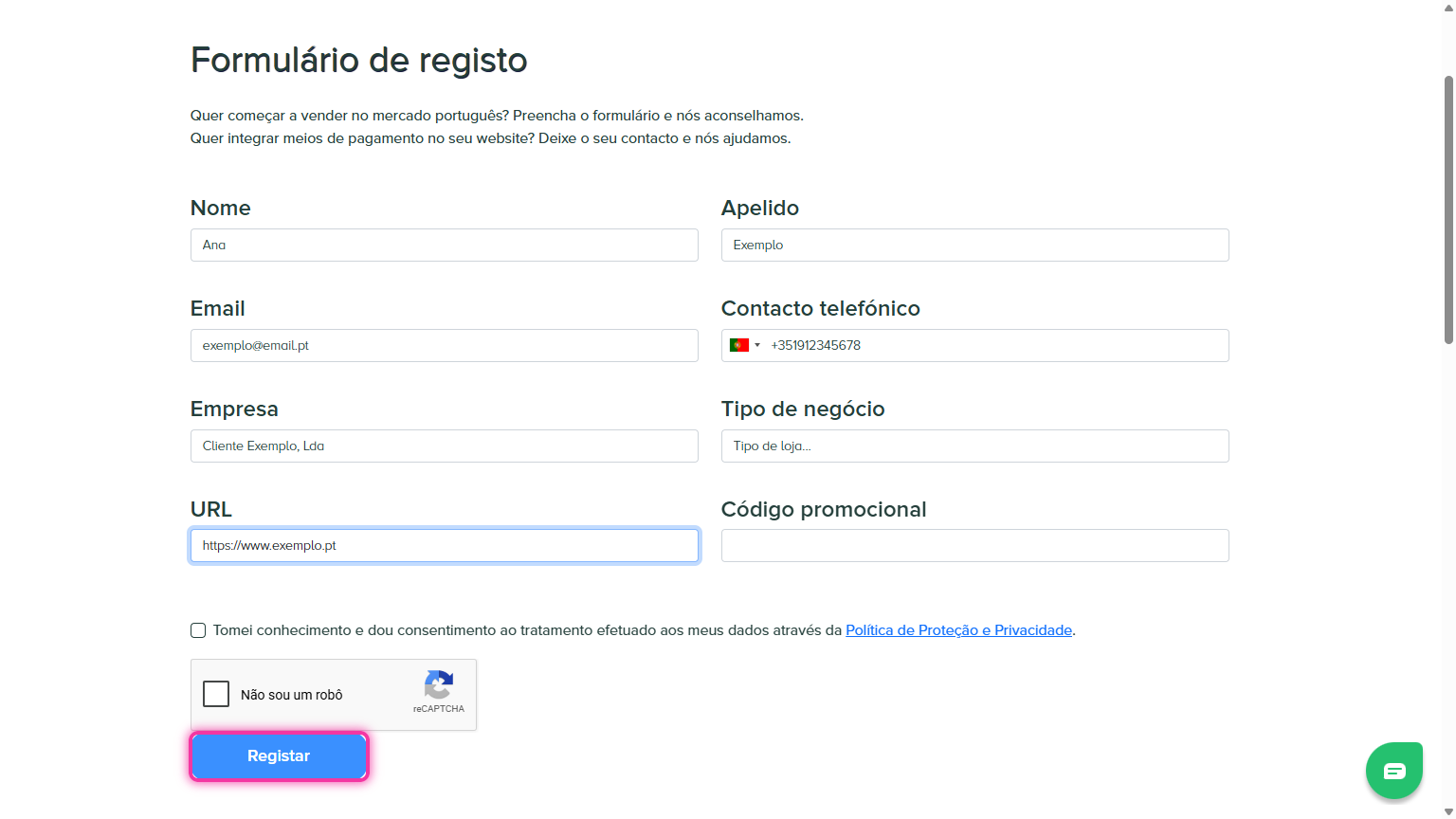 Formulário de registo da Eupago preenchido com o botão Registar destacado