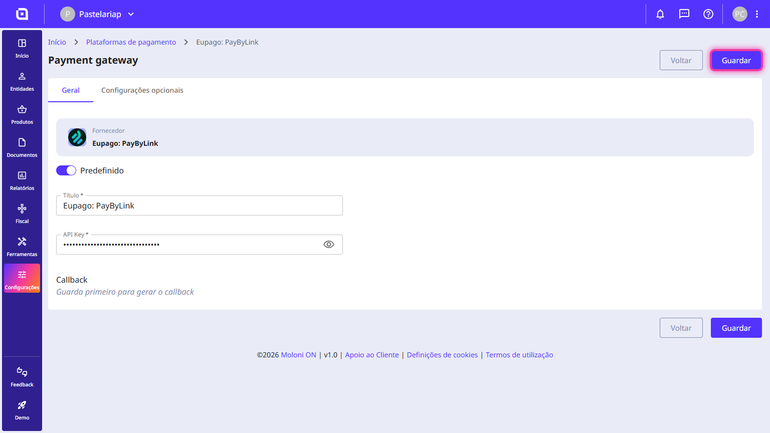 Formulário de configuração do gateway de pagamento com o botão Guardar destacado