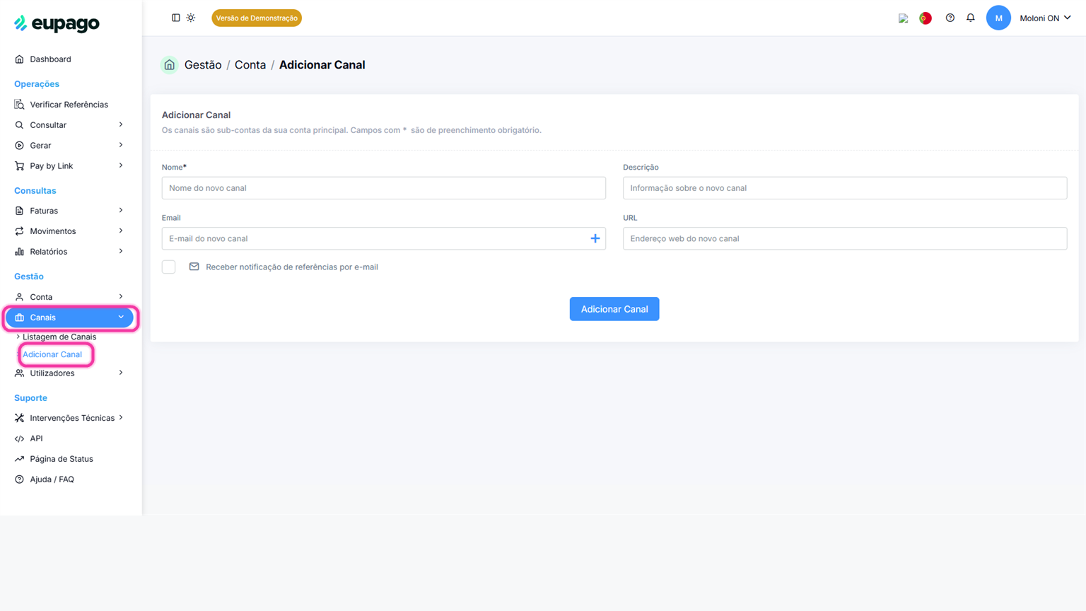 Menu do back office da Eupago com Canais e Adicionar Canal destacados