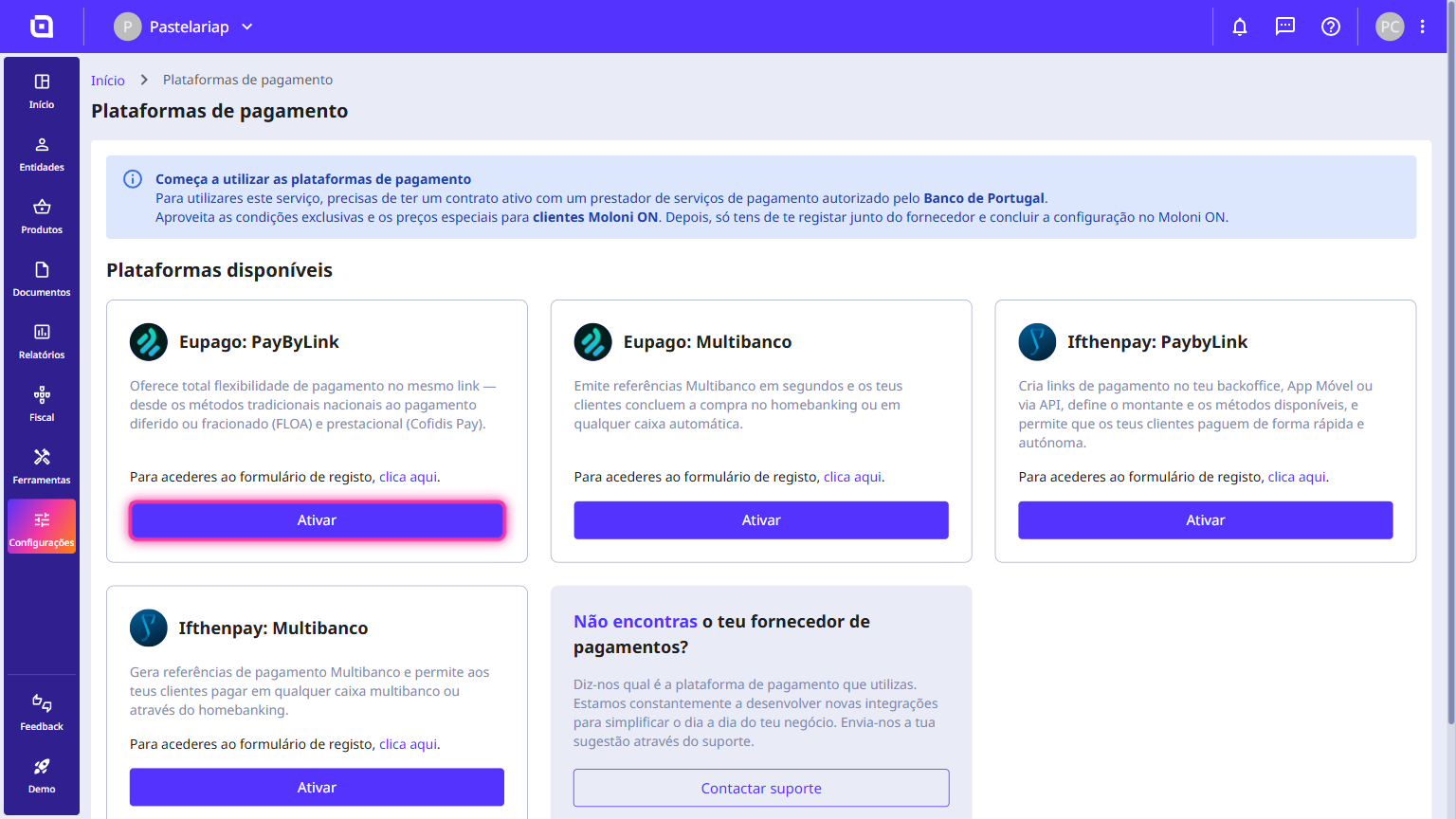 Página Plataformas de pagamento do Moloni ON com o botão Ativar destacado no método Eupago: PayByLink