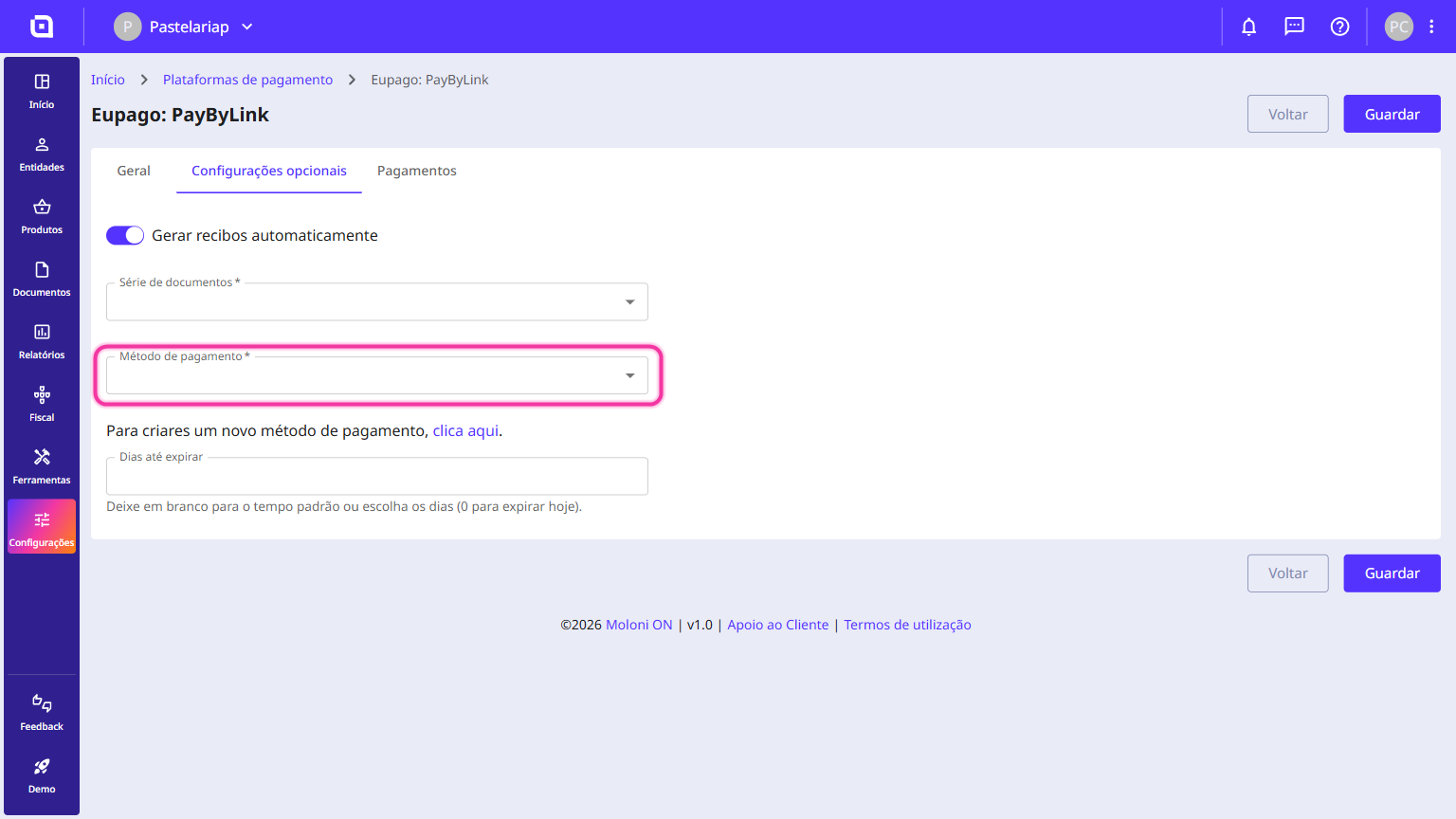 Configurações opcionais com o campo Método de pagamento destacado