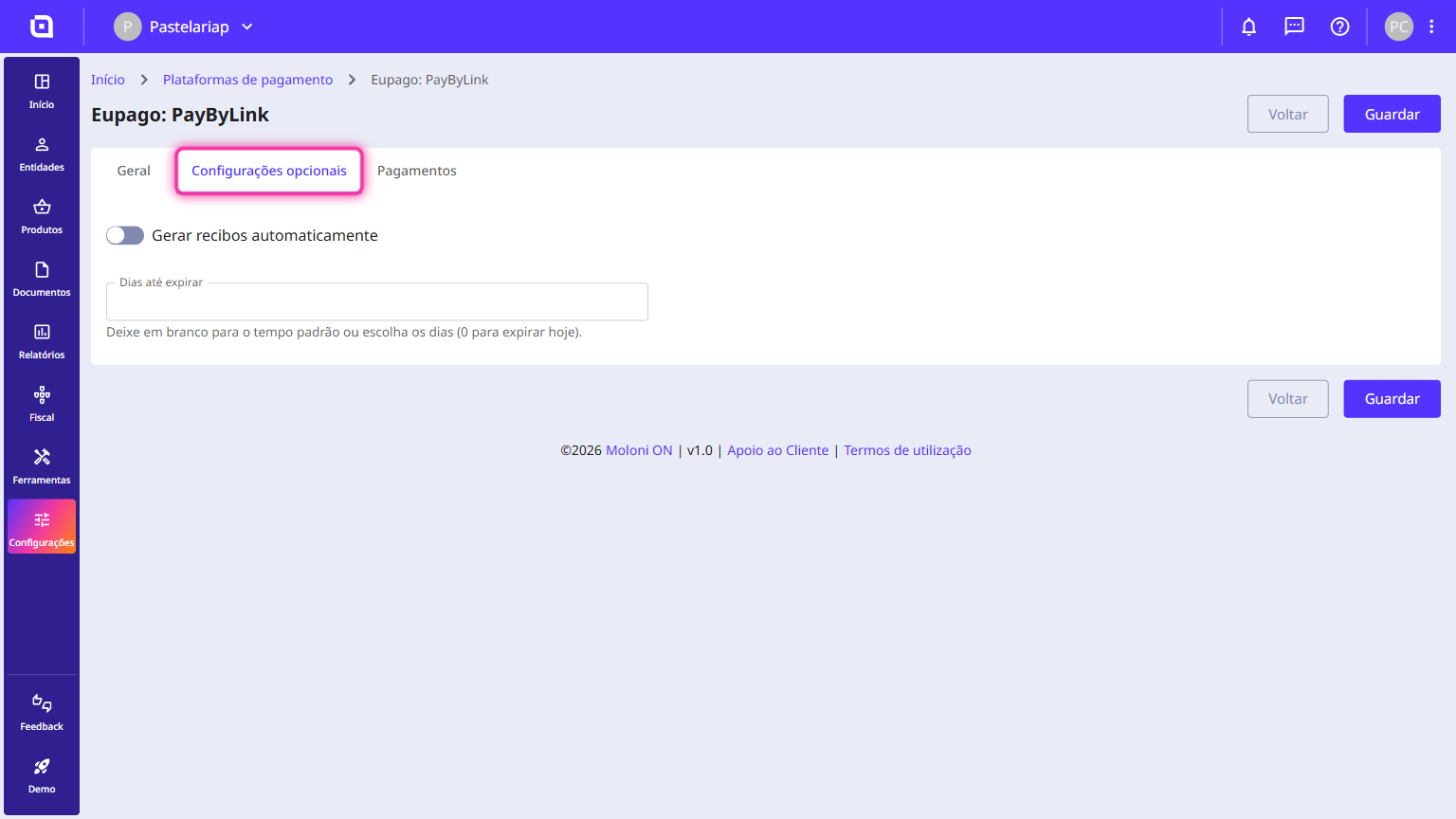 Configuração do método Eupago no Moloni ON com o separador Configurações opcionais destacado