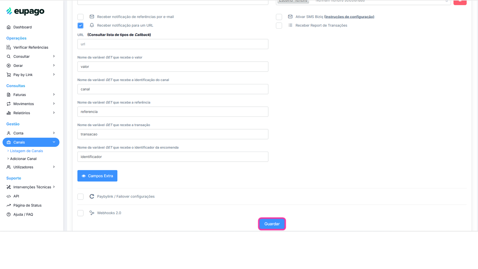 Formulário de edição do canal com o botão Guardar destacado