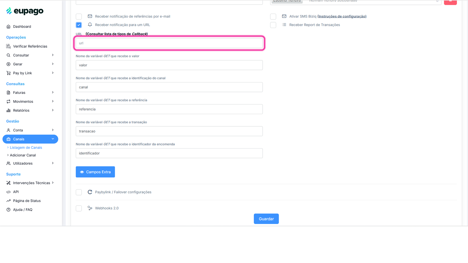 Formulário de edição do canal com o campo URL do Callback destacado