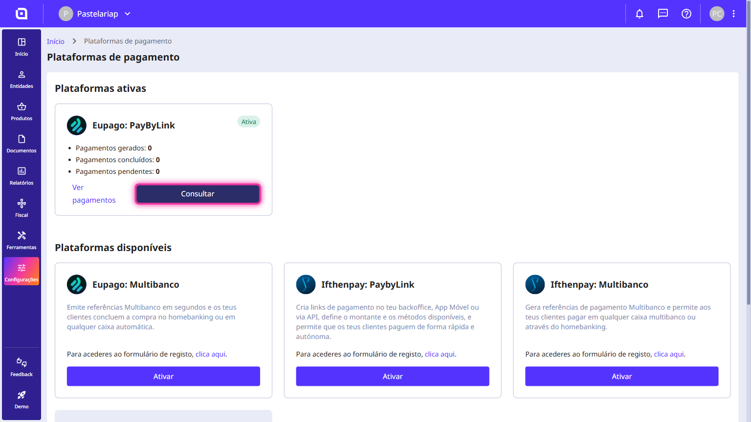 Página Plataformas de pagamento com o botão Consultar destacado no método Eupago: PayByLink