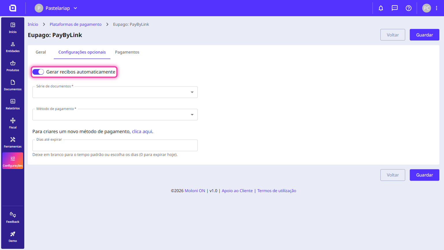 Separador Configurações opcionais com a opção Gerar recibos automaticamente destacada