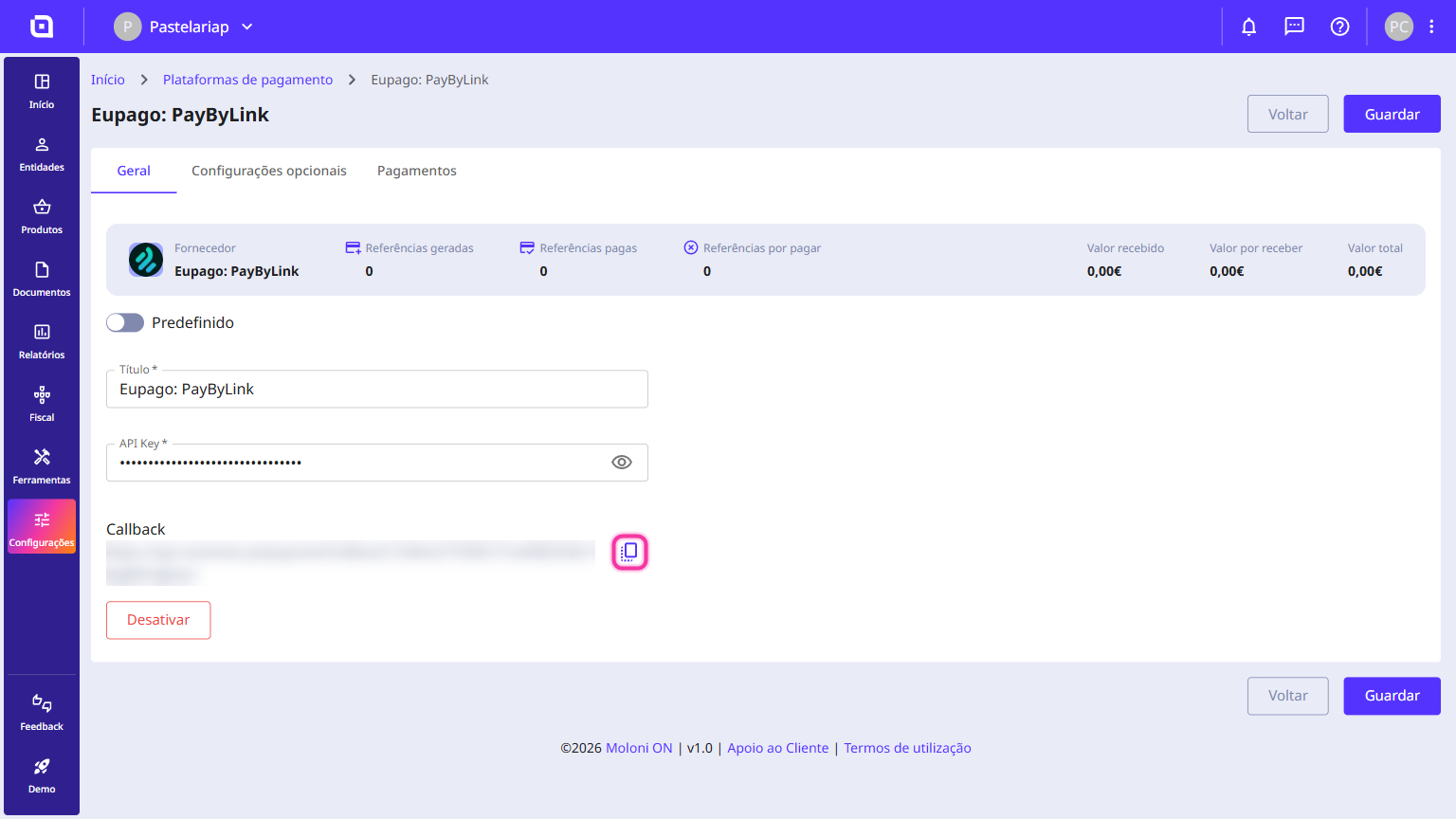 Configuração do método Eupago com o botão de copiar o Callback destacado