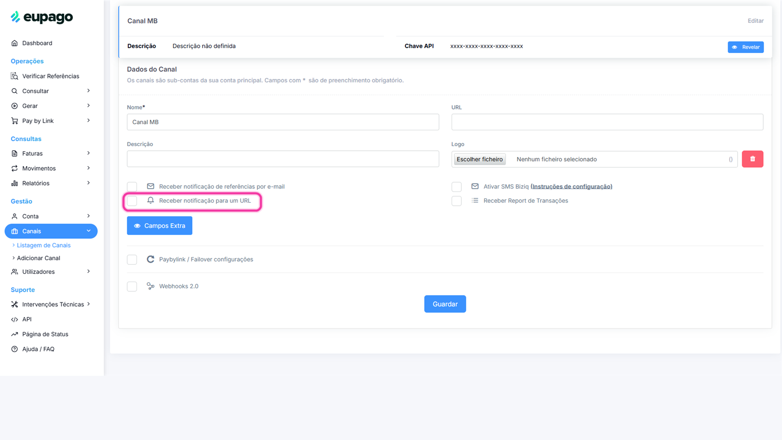 Formulário de edição do canal com a opção Receber notificação para um URL destacada