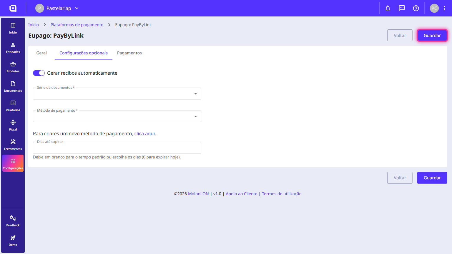 Configurações opcionais com o botão Guardar destacado