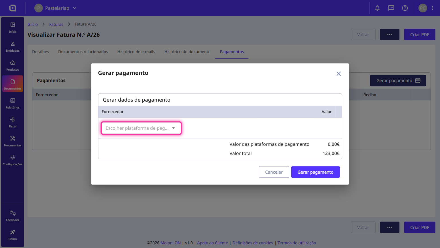 Modal Gerar pagamento com o seletor Escolher plataforma de pagamento destacado